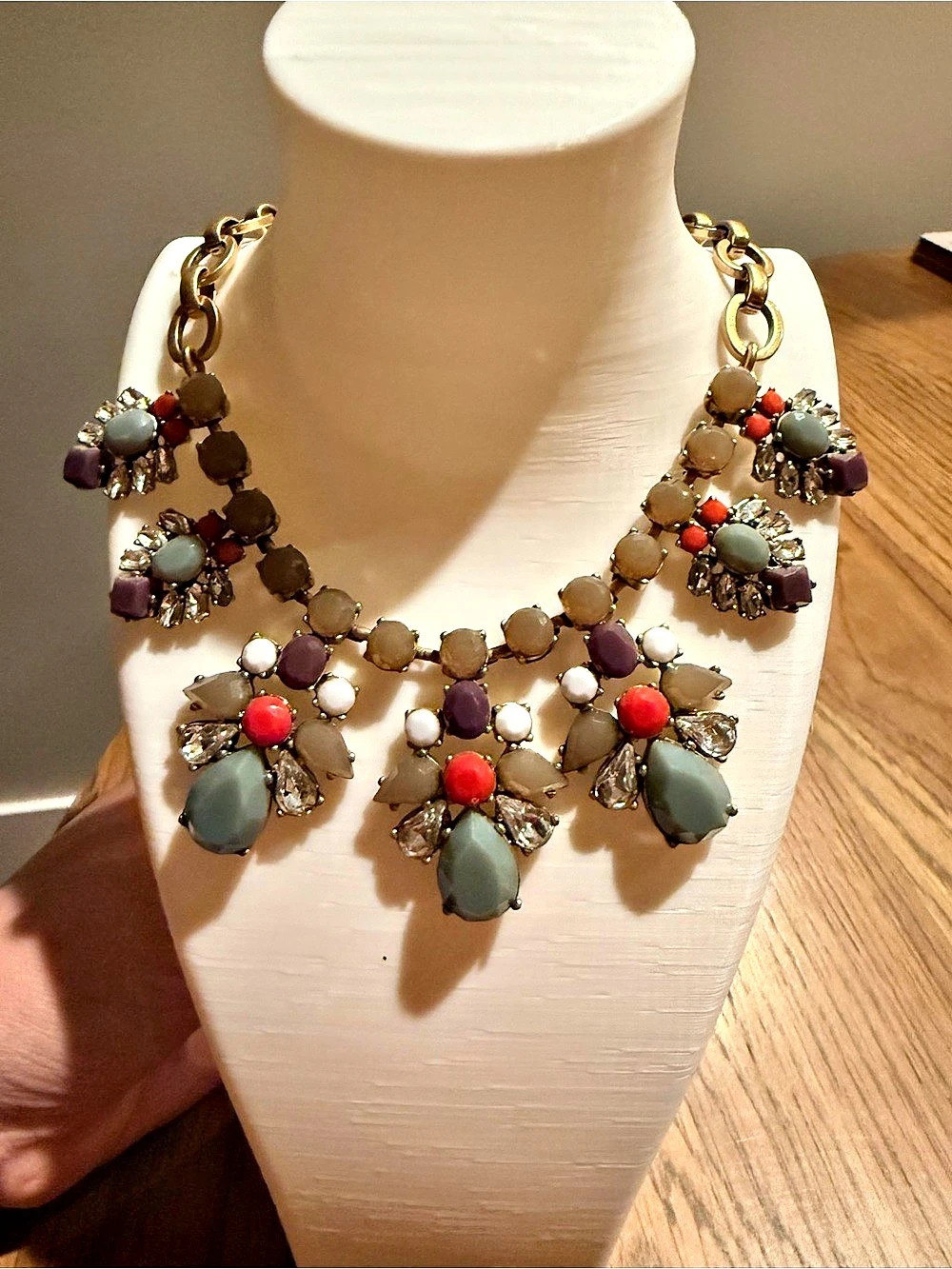 J.Crew Statement Bib Necklace – Sage, Coral, Plum & Crystal, Antique Gold